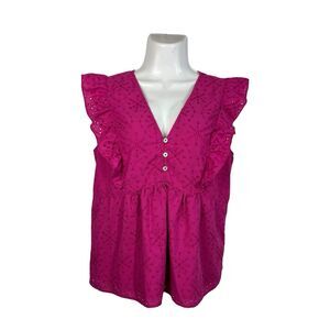LOFT Women's Starry Eyelet Ruffle Peplum Blouse Large Pink Lace V-Neck Boho Chic